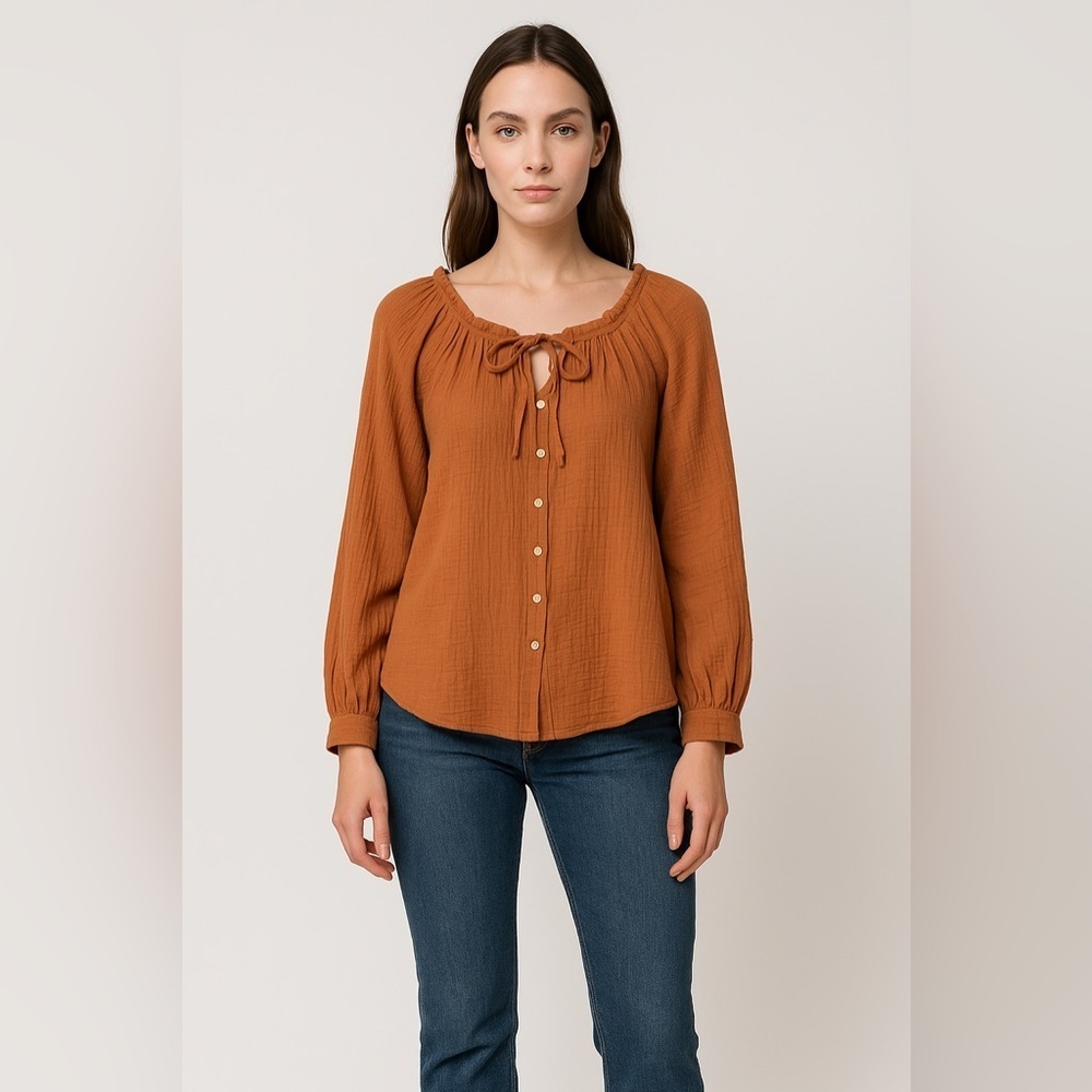 Arraei Earthy Rust Brown Cotton Gauze Peasant Boho Blouse Size Small